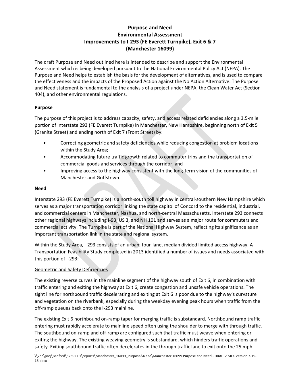 Purpose and Need Environmental Assessment Improvements to I-293 (FE Everett Turnpike), Exit 6 & 7 (Manchester 16099)