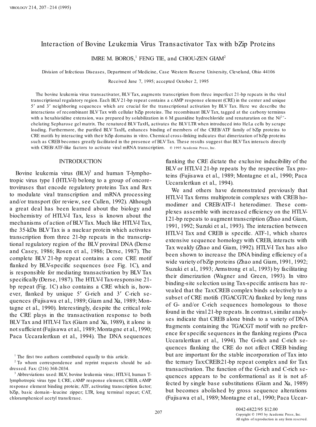 Interaction of Bovine Leukemia Virus Transactivator Tax with Bzip Proteins