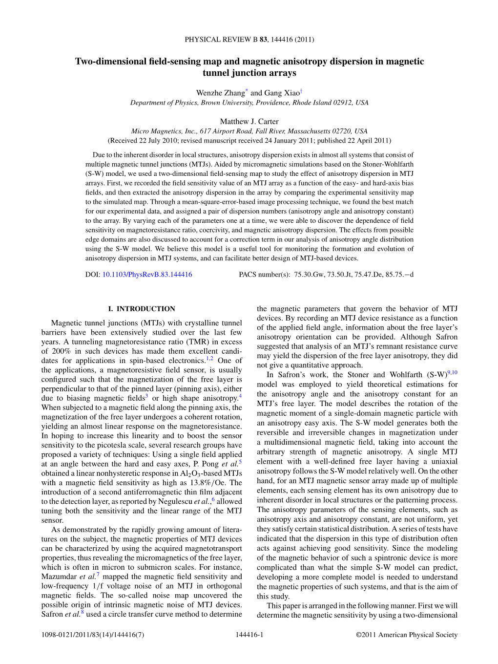 Two-Dimensional Field-Sensing Map and Magnetic Anisotropy Dispersion