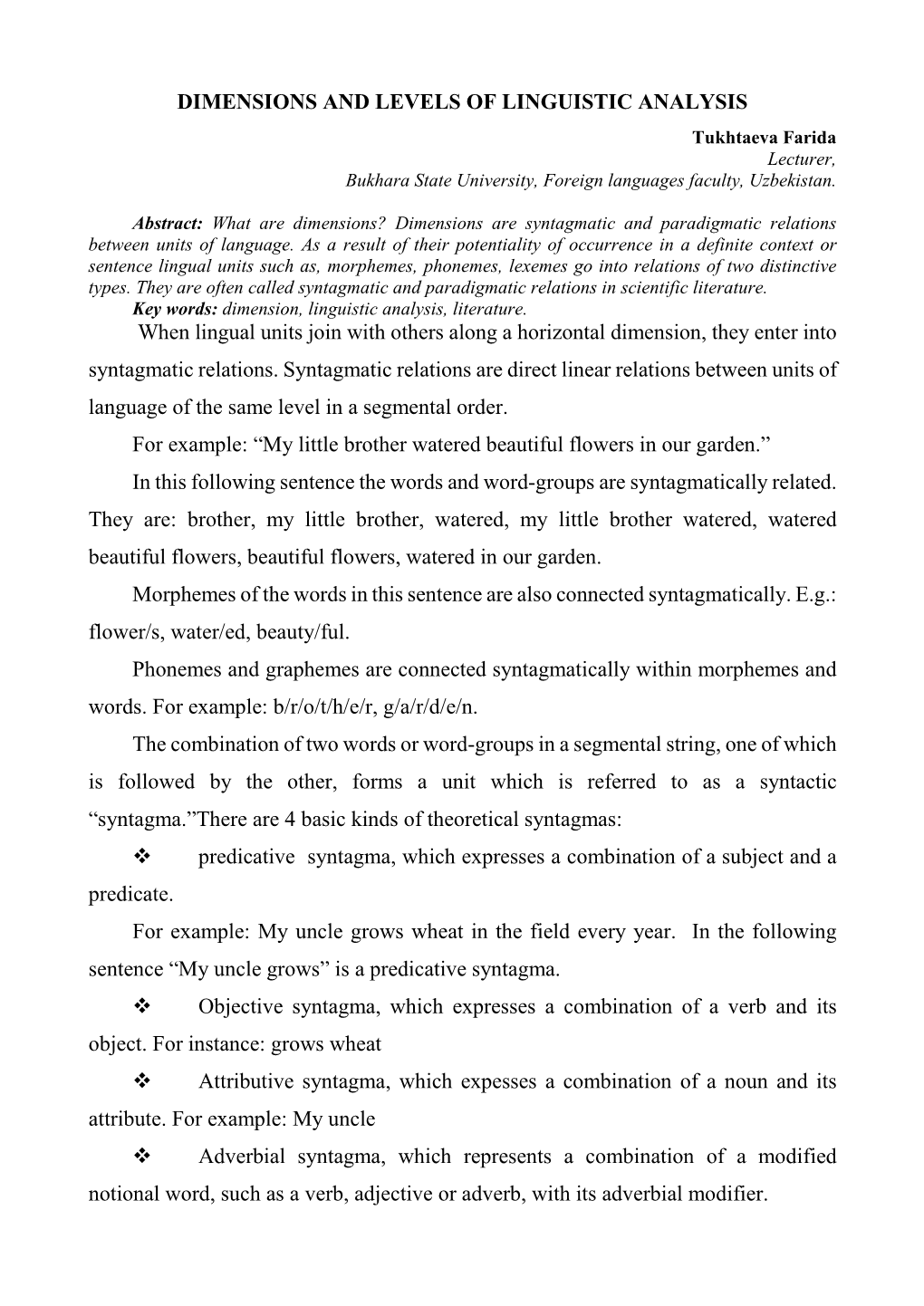 DIMENSIONS and LEVELS of LINGUISTIC ANALYSIS When