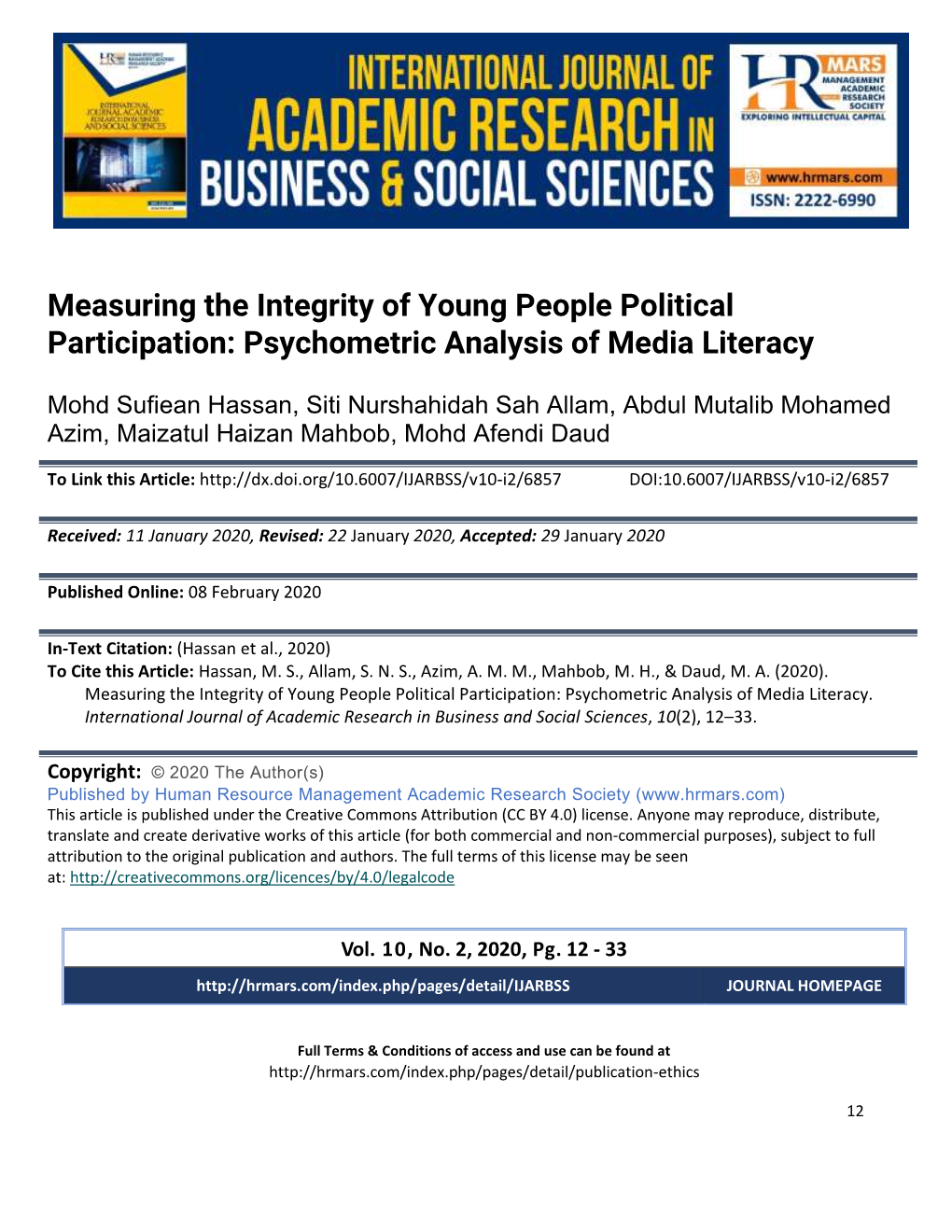 Measuring the Integrity of Young People Political Participation: Psychometric Analysis of Media Literacy