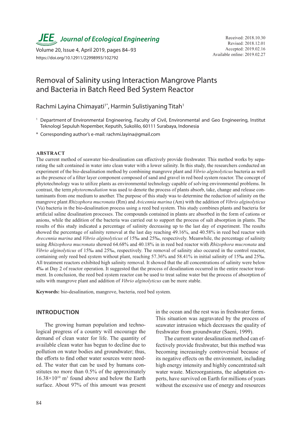 Removal of Salinity Using Interaction Mangrove Plants and Bacteria in Batch Reed Bed System Reactor