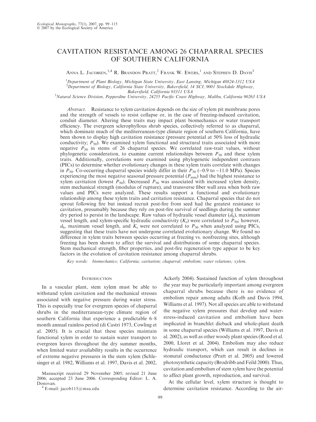 Cavitation Resistance Among 26 Chaparral Species of Southern California