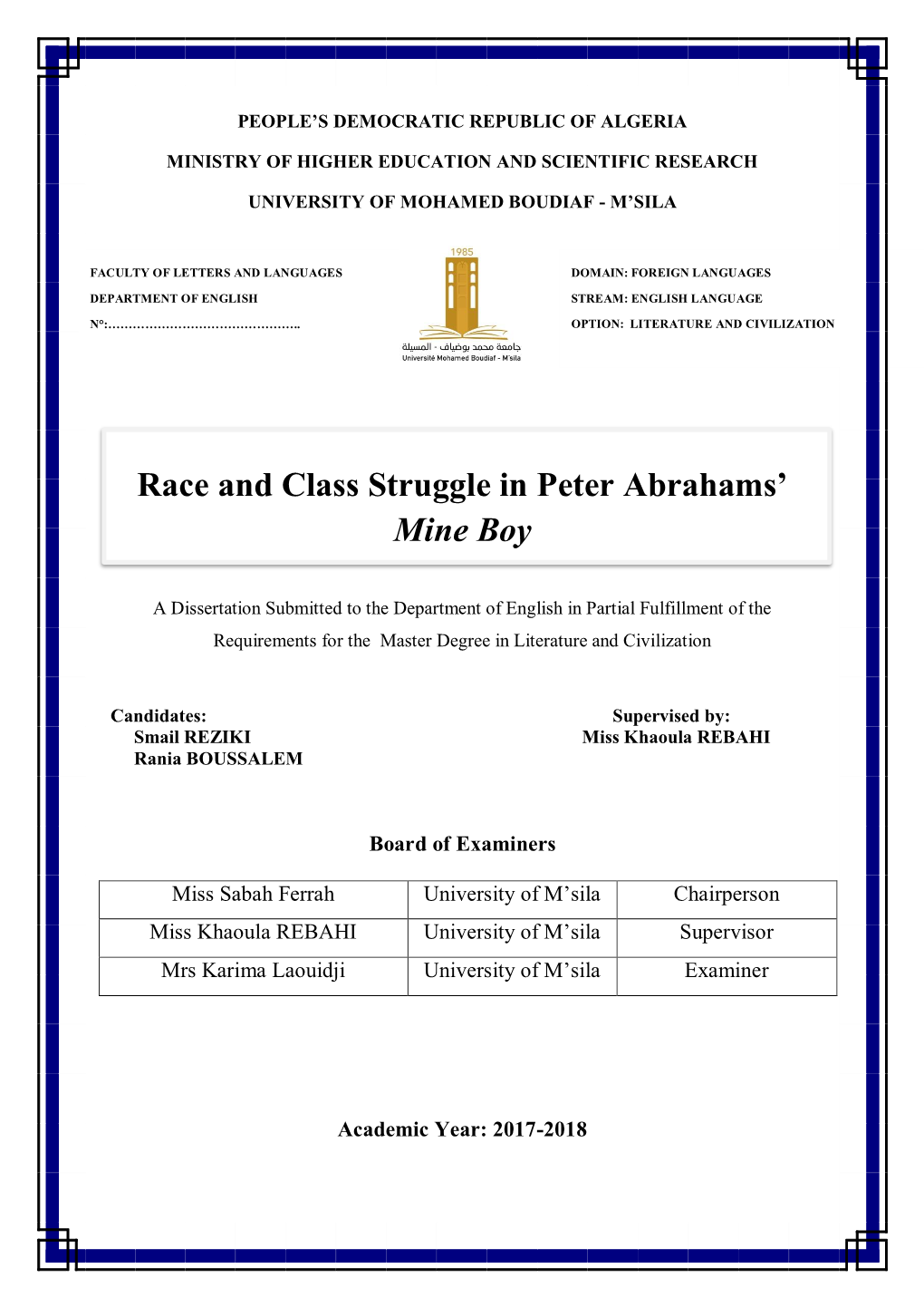 Race and Class Struggle in Peter Abrahams' Mine