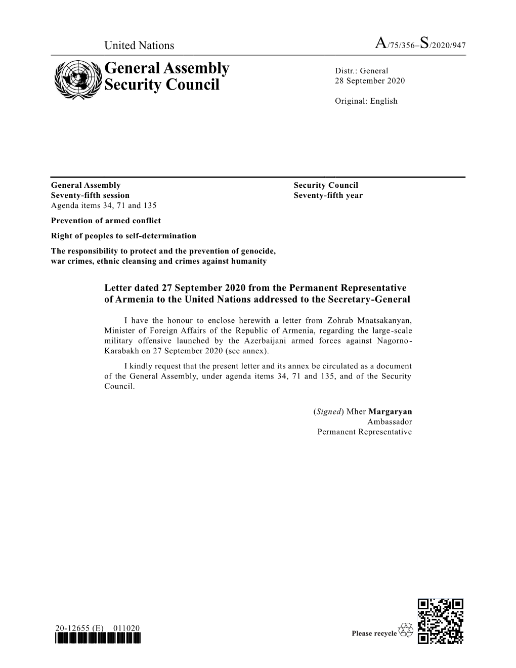 General Assembly Security Council Seventy-Fifth Session Seventy-Fifth Year Agenda Items 34, 71 and 135