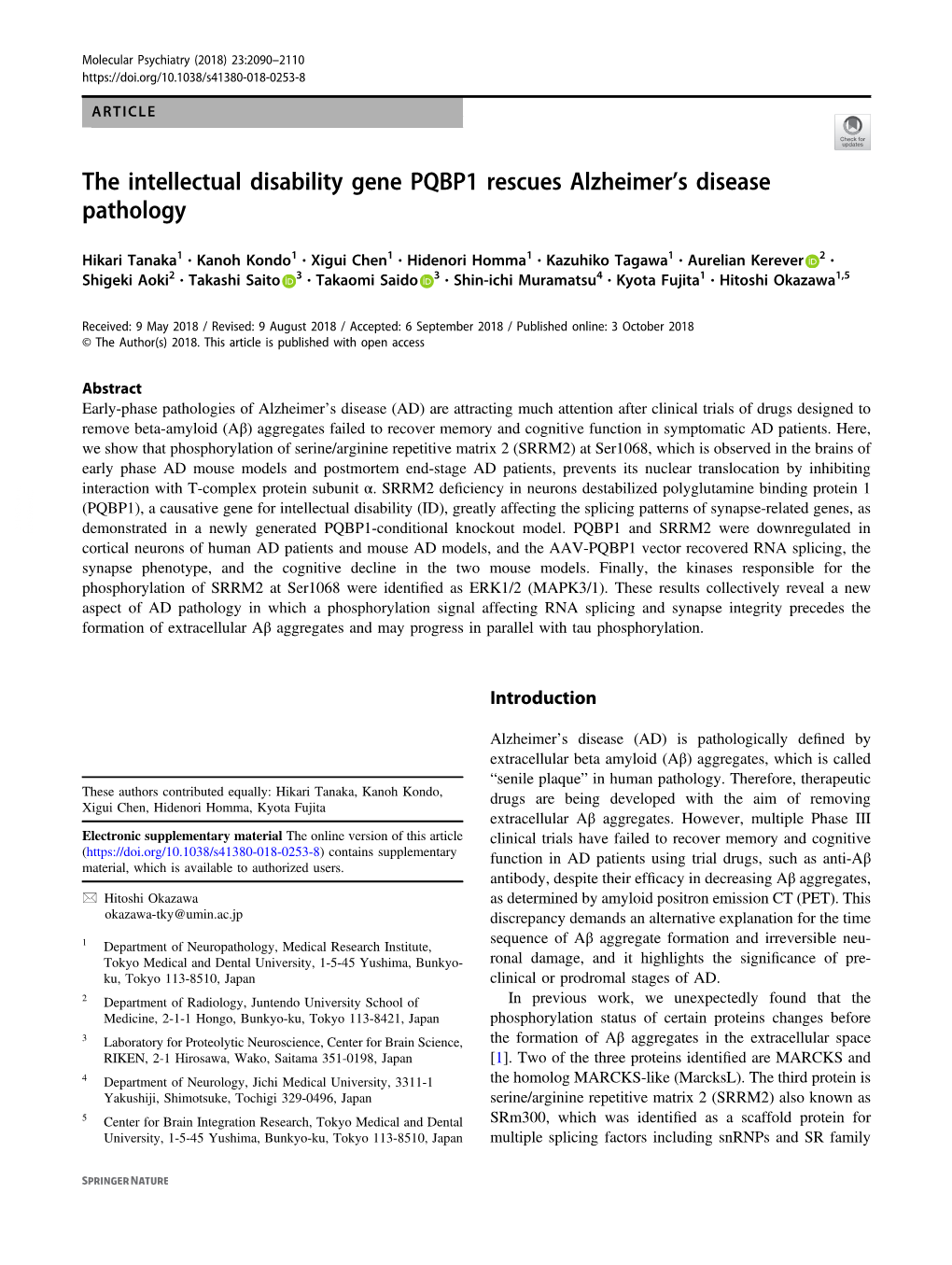 The Intellectual Disability Gene PQBP1 Rescues Alzheimerâ€™S Disease