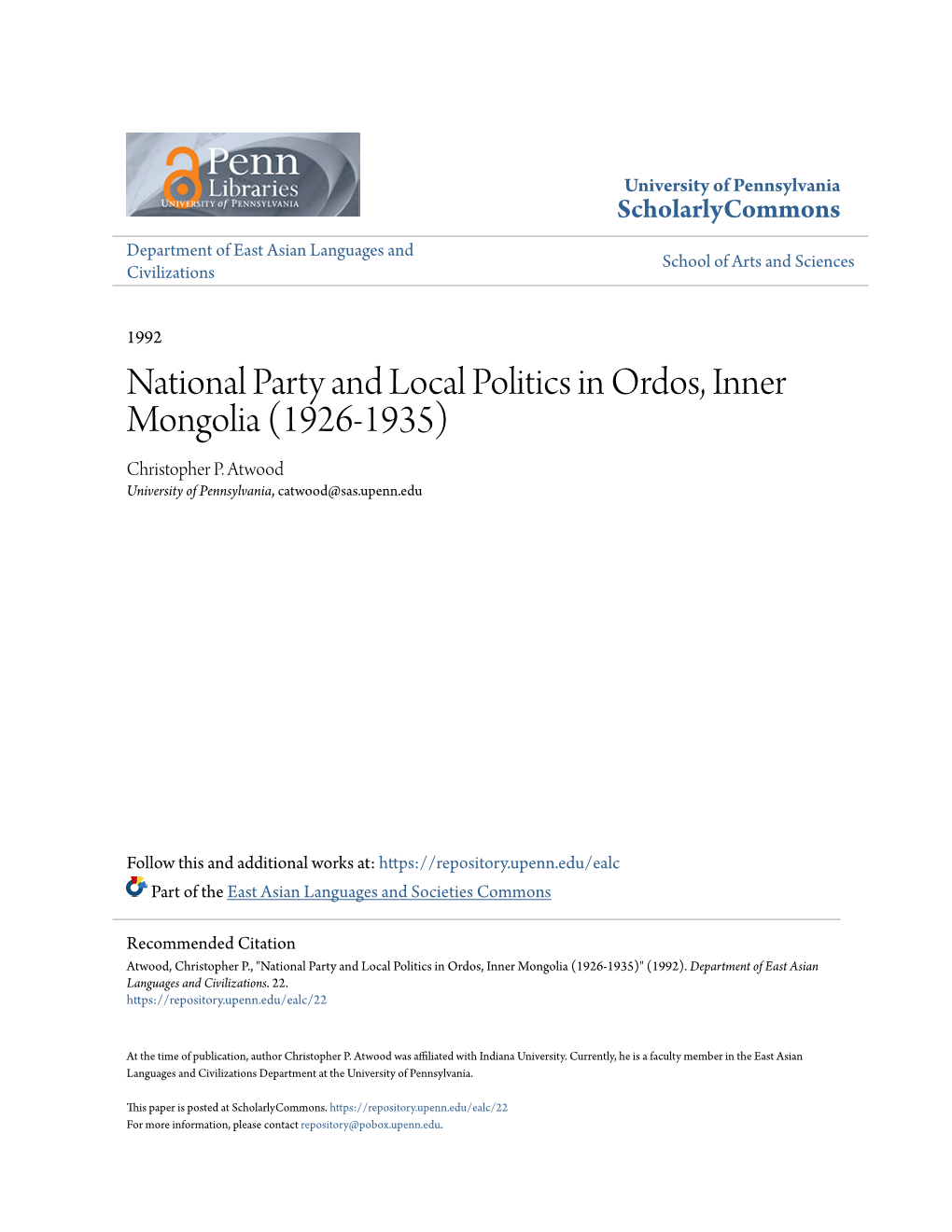 National Party and Local Politics in Ordos, Inner Mongolia (1926-1935) Christopher P