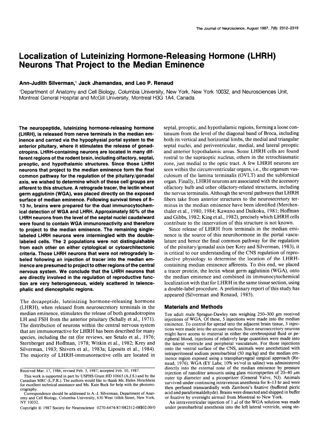 Localization of Luteinizing Hormone-Releasing Hormone (LHRH) Neurons That Project to the Median Eminence