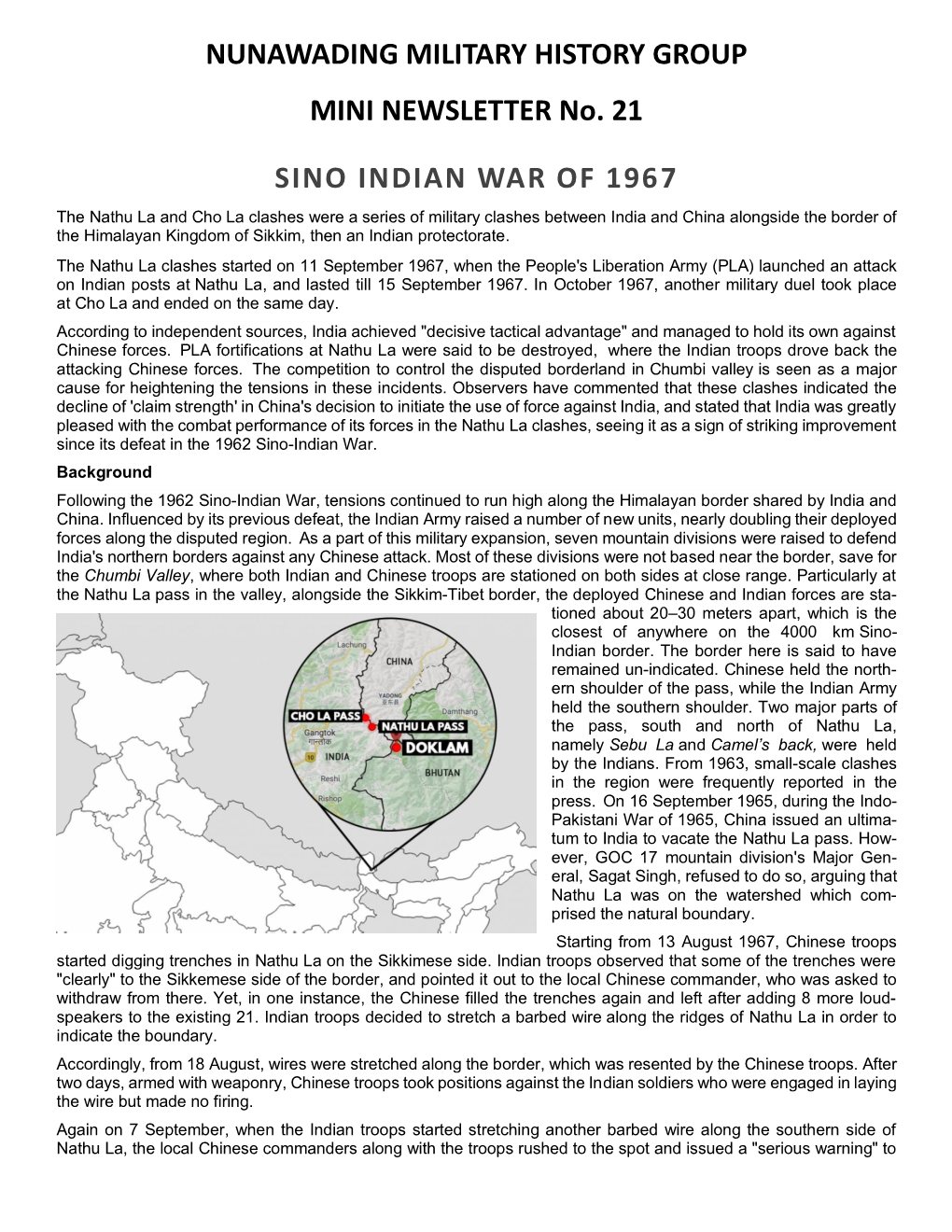 NUNAWADING MILITARY HISTORY GROUP MINI NEWSLETTER No. 21 SINO INDIAN WAR of 1967