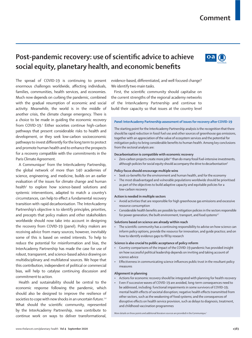 Post-Pandemic Recovery: Use of Scientific Advice to Achieve Social Equity, Planetary Health, and Economic Benefits