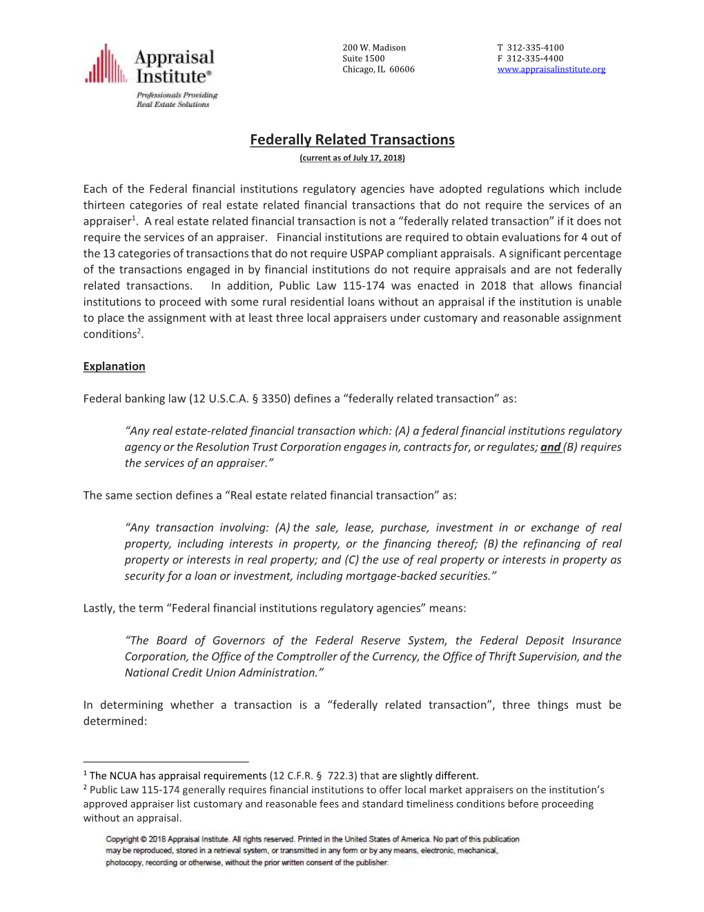 Federally Related Transactions (Current As of July 17, 2018)