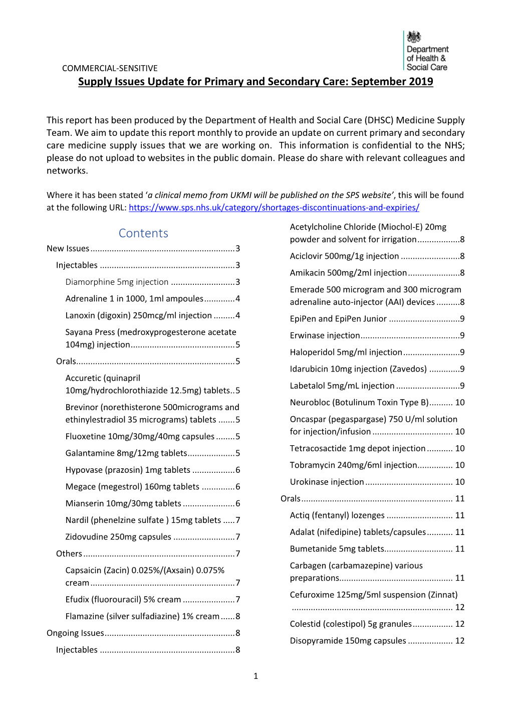 Supply Issues Update for Primary and Secondary Care: September 2019