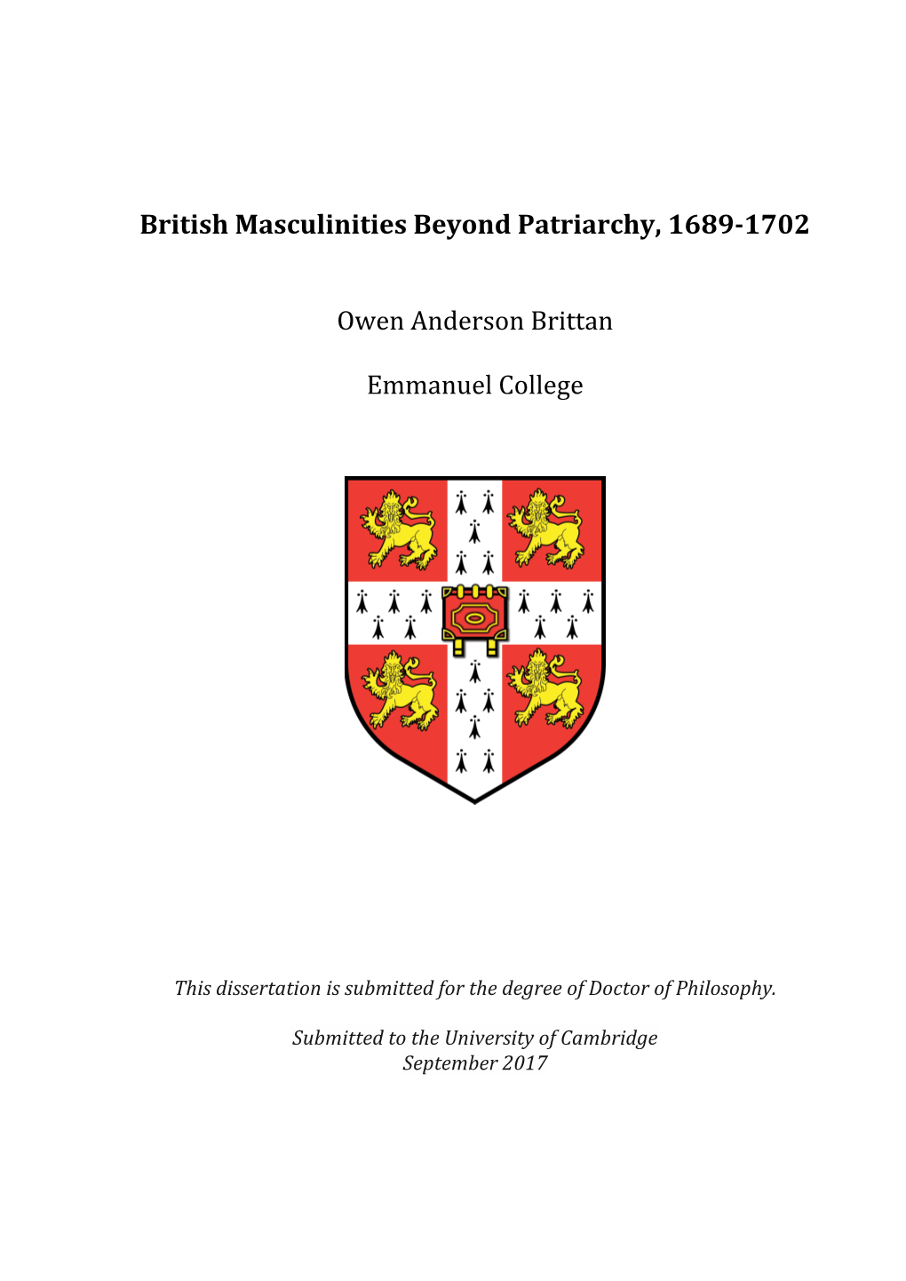 British Masculinities Beyond Patriarchy, 1689-1702 Owen Anderson Brittan Emmanuel College