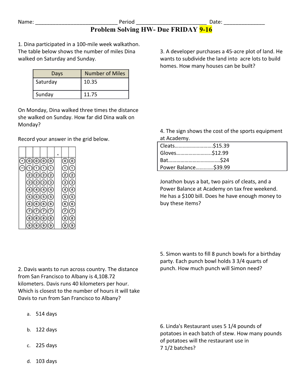 Problem Solving HW- Due FRIDAY 9-16