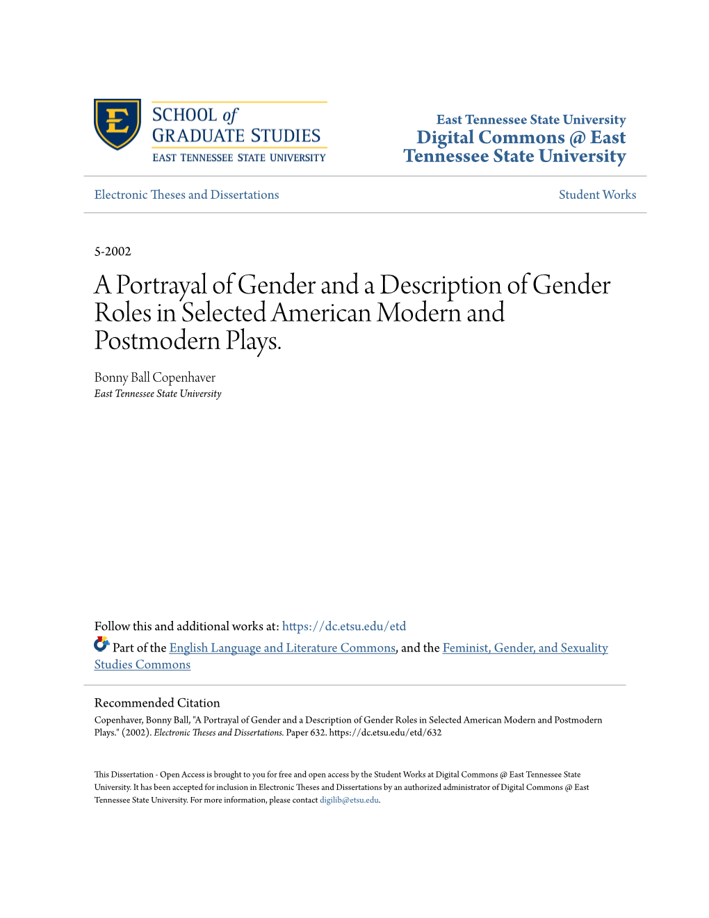 A Portrayal of Gender and a Description of Gender Roles in Selected American Modern and Postmodern Plays