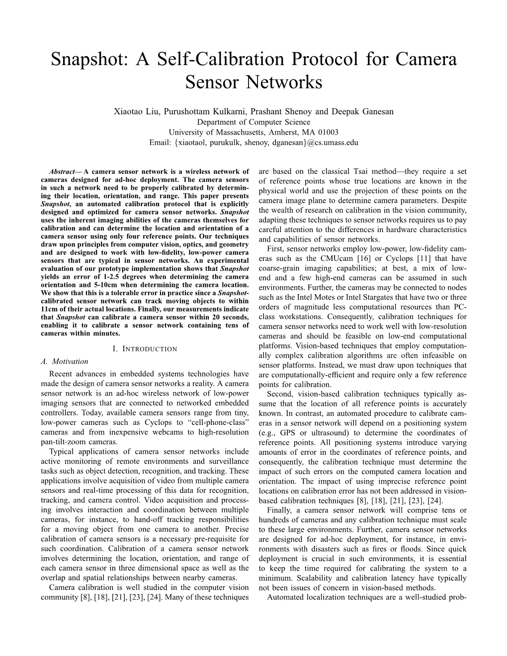 Snapshot: a Self-Calibration Protocol for Camera Sensor Networks