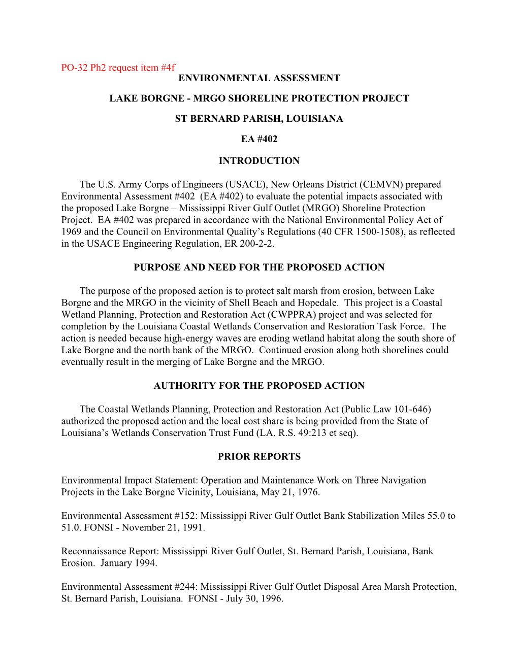 Supplemental Environmental Assessment #269-A: Mississippi River Gulf Outlet, South of Lake Borgne, Additional Disposal Areas