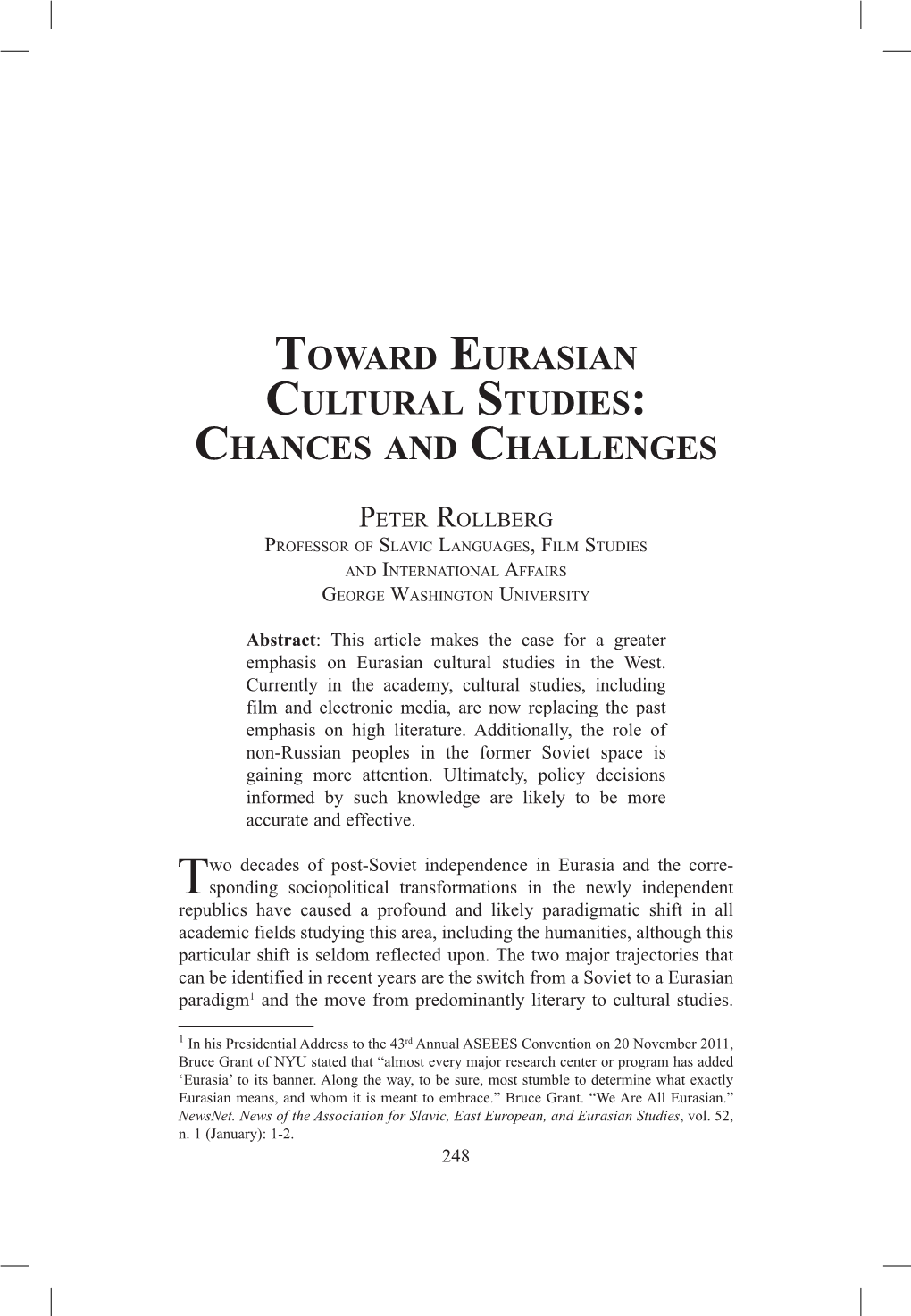 Toward Eurasian Cultural Studies: Chances and Challenges