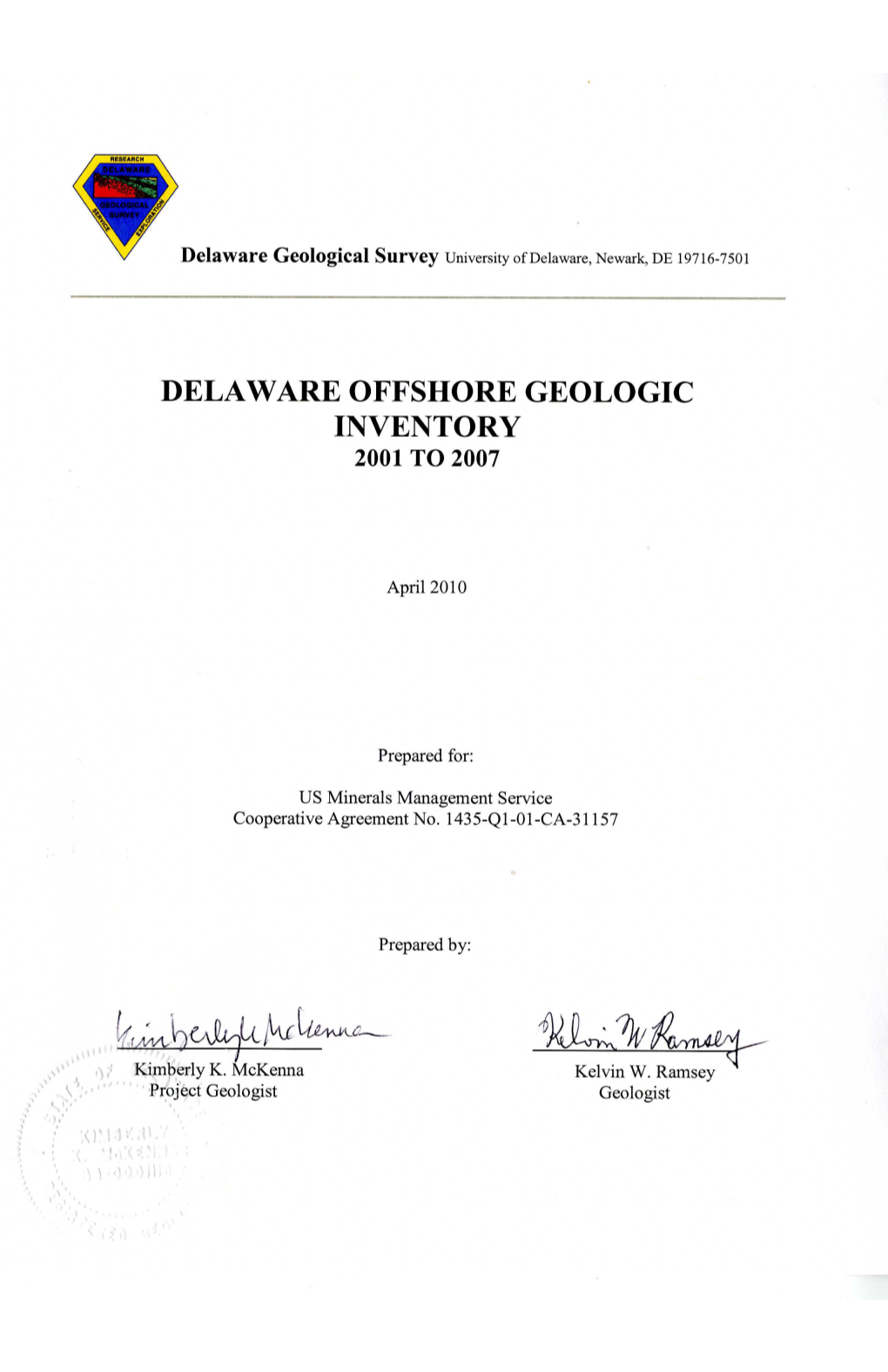 Delaware Offshore Geologic Inventory 2001 to 2008