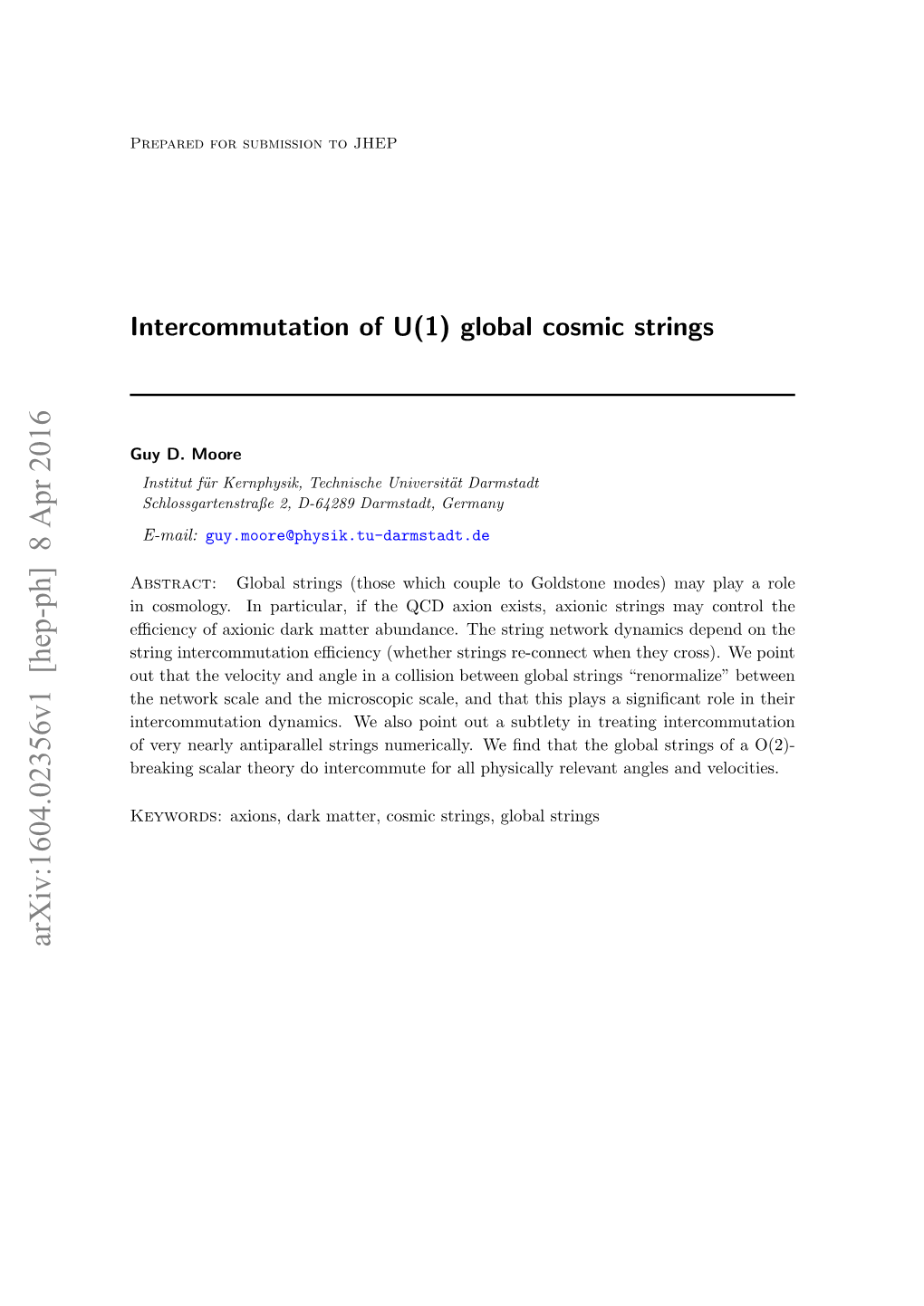 Intercommutation of U(1) Global Cosmic Strings