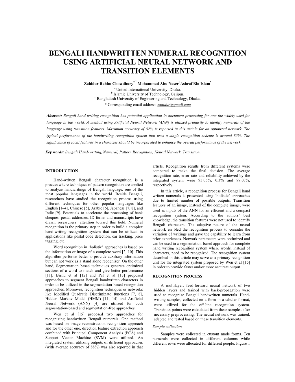 Bengali Handwritten Numeral Recognition Using Artificial Neural Network and Transition Elements