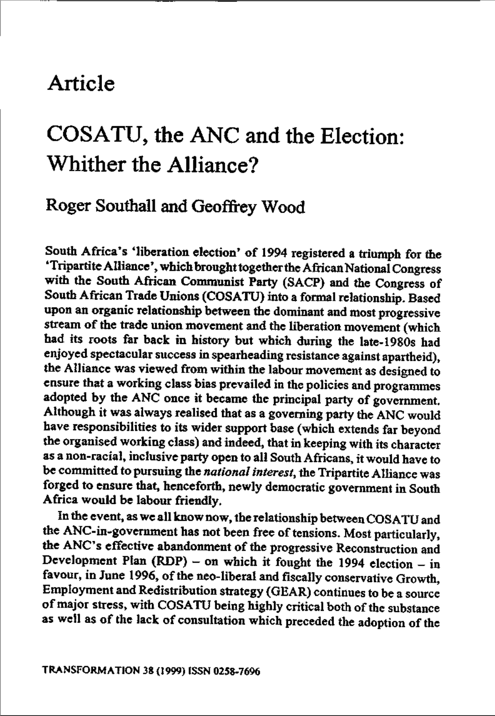 Article COSATU, the ANC and the Election