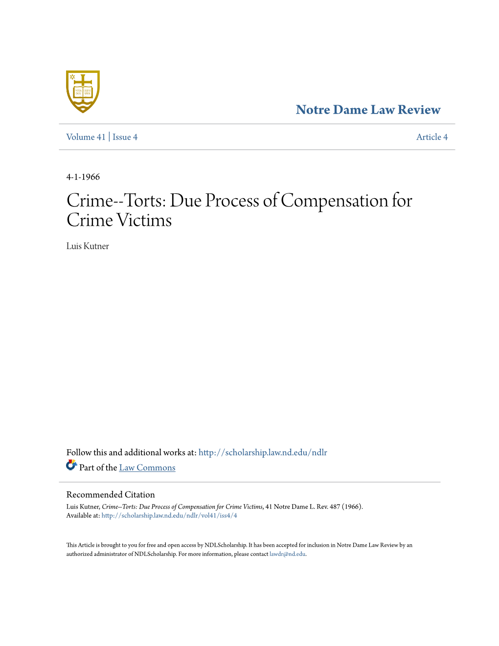Torts: Due Process of Compensation for Crime Victims Luis Kutner