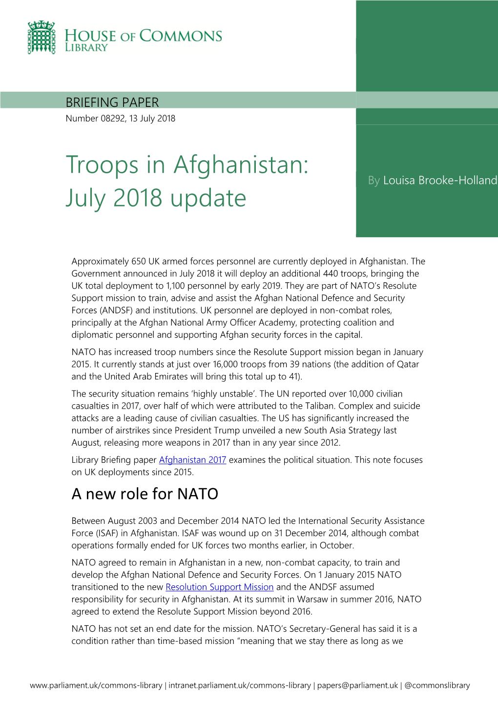 Troops in Afghanistan: by Louisa Brooke-Holland July 2018 Update