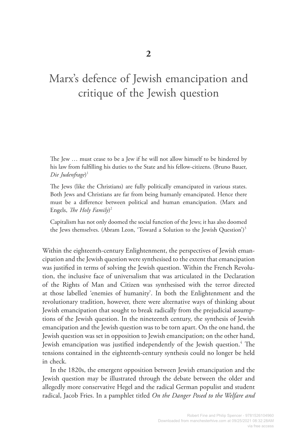 Marx's Defence of Jewish Emancipation and Critique of The