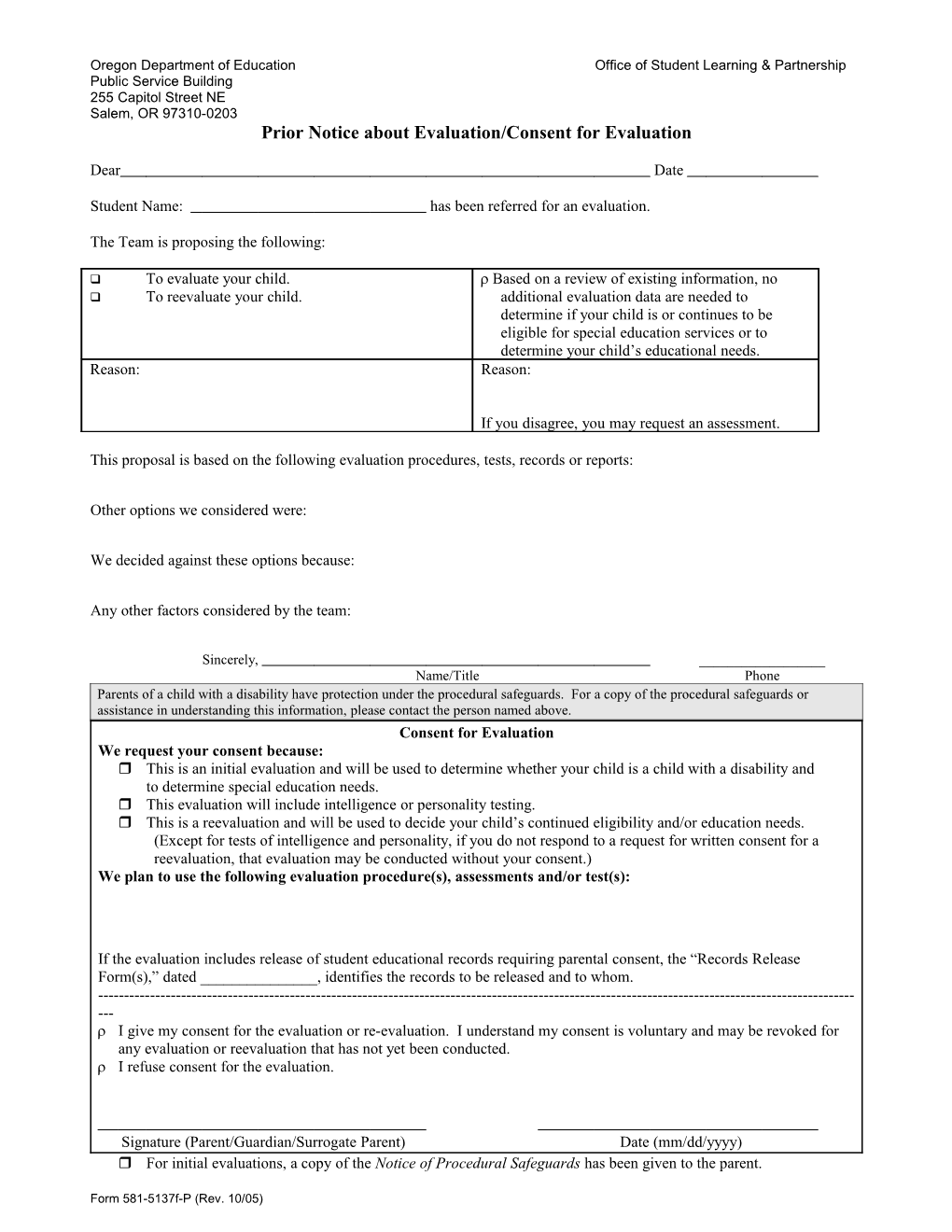 Prior Notice About Evaluation/Consent for Evaluation Date ______