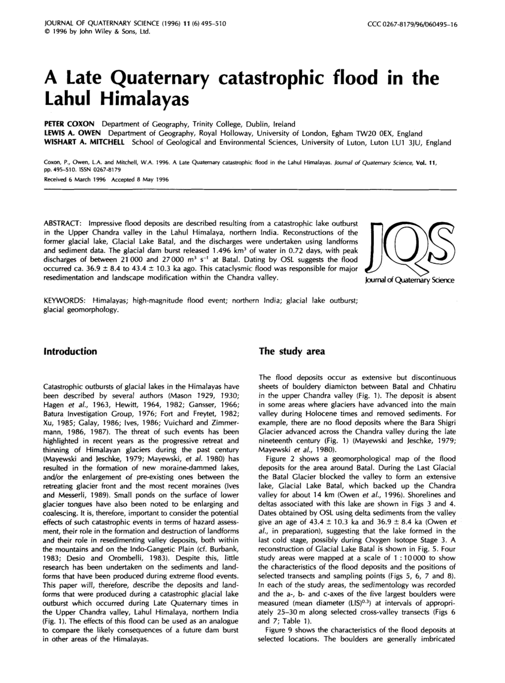 A Late Quaternary Catastrophic Flood in the Lahul Himalayas