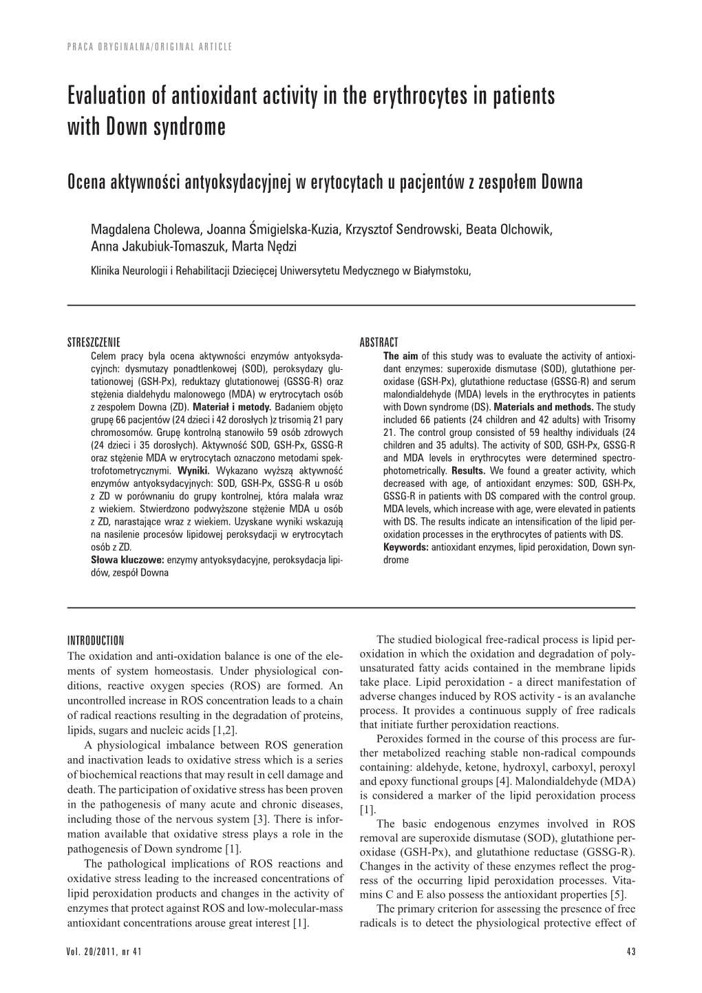 Evaluation of Antioxidant Activity in the Erythrocytes in Patients with Down Syndrome