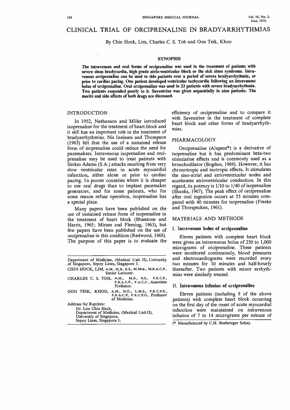 Clinical Trial of Orciprenaline in Bradyarrhythmias