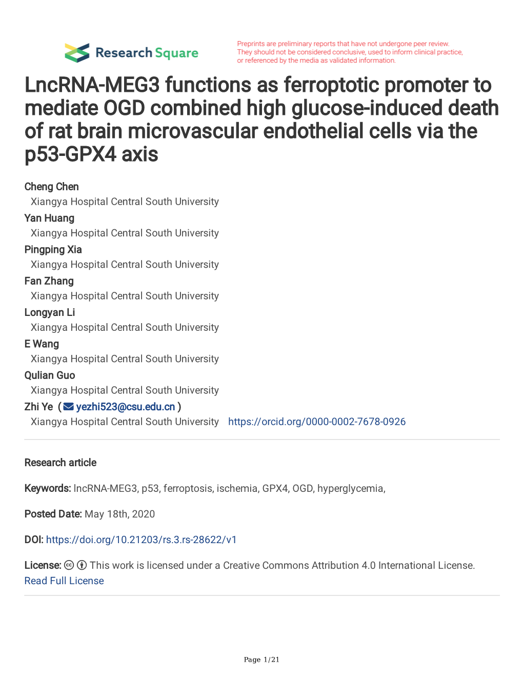 Lncrna-MEG3 Functions As Ferroptotic Promoter to Mediate OGD Combined High Glucose-Induced Death of Rat Brain Microvascular Endothelial Cells Via the P53-GPX4 Axis