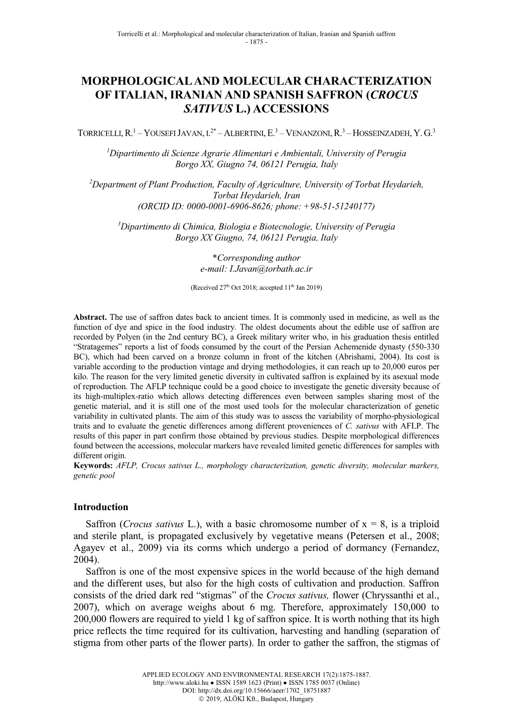 Morphological and Molecular Characterization of Italian, Iranian and Spanish Saffron (Crocus Sativus L.) Accessions