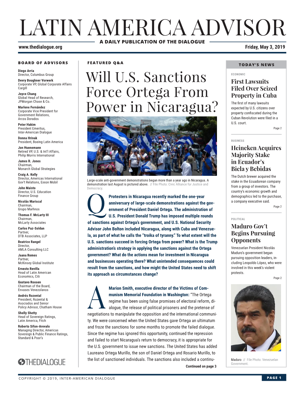 LATIN AMERICA ADVISOR a DAILY PUBLICATION of the DIALOGUE Friday, May 3, 2019