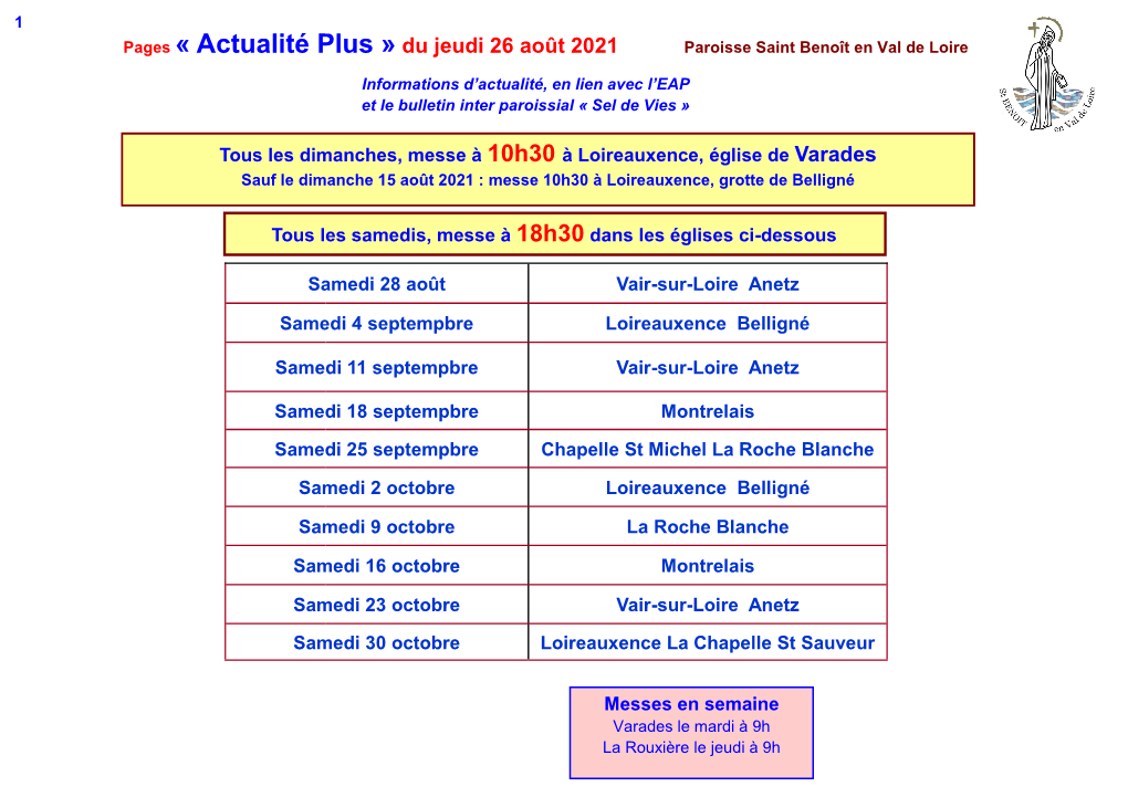 Pages « Actualité Plus » Du Jeudi 26 Août 2021 Paroisse Saint Benoît En Val De Loire