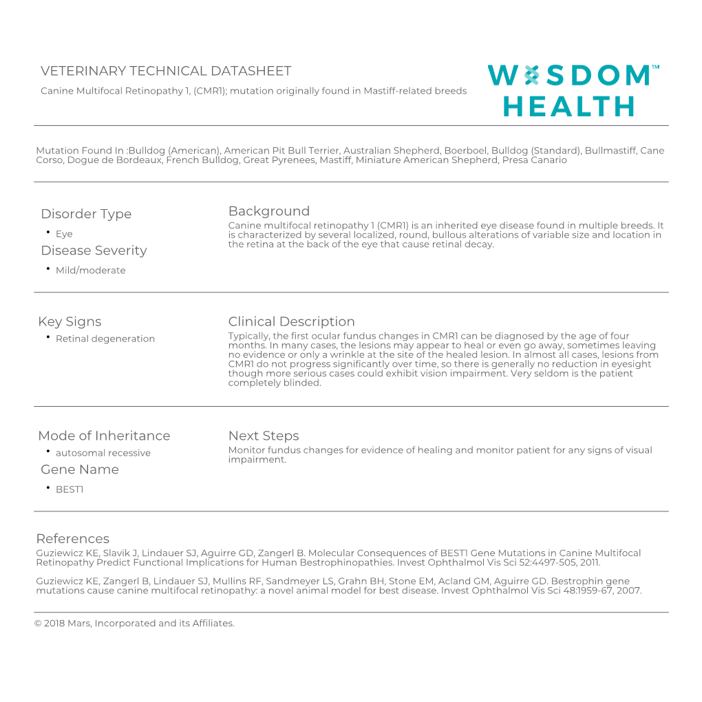 Canine Multifocal Retinopathy 1, (CMR1); Mutation Originally Found in Mastiff-Related Breeds
