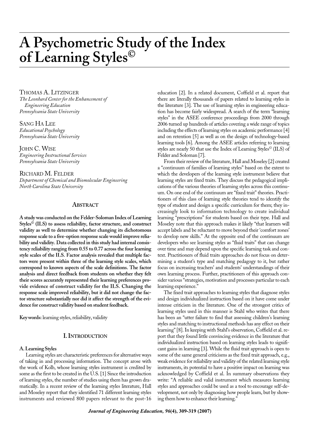 A Psychometric Study of the Index of Learning Styles©