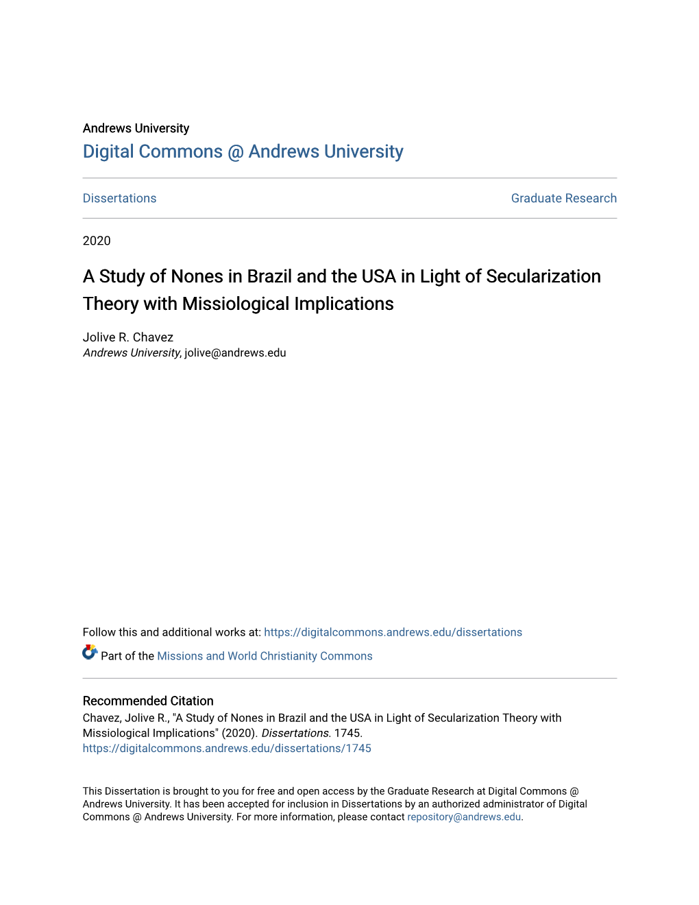 A Study of Nones in Brazil and the USA in Light of Secularization Theory with Missiological Implications