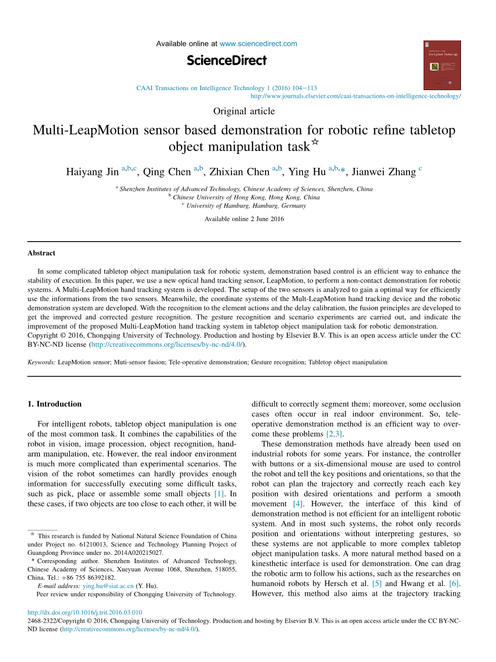 Multi-Leapmotion Sensor Based Demonstration for Robotic Refine Tabletop Object Manipulation Task