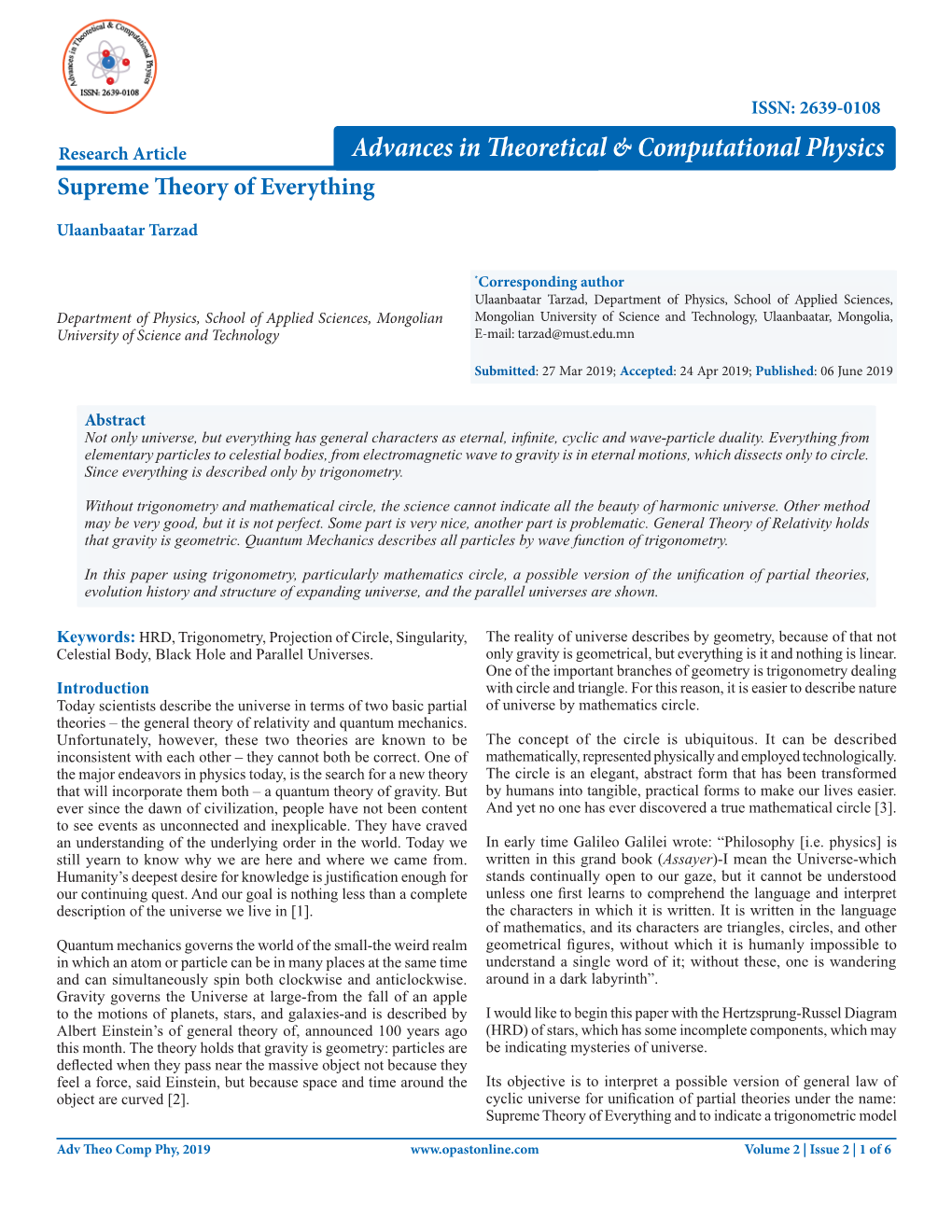 Advances in Theoretical & Computational Physics