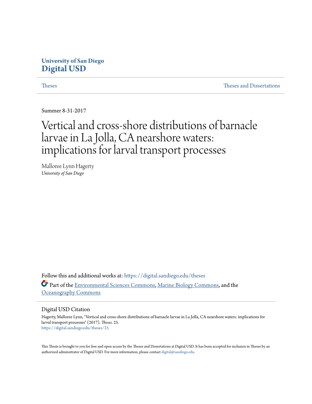 Vertical and Cross-Shore Distributions of Barnacle Larvae in La Jolla, CA Nearshore Waters