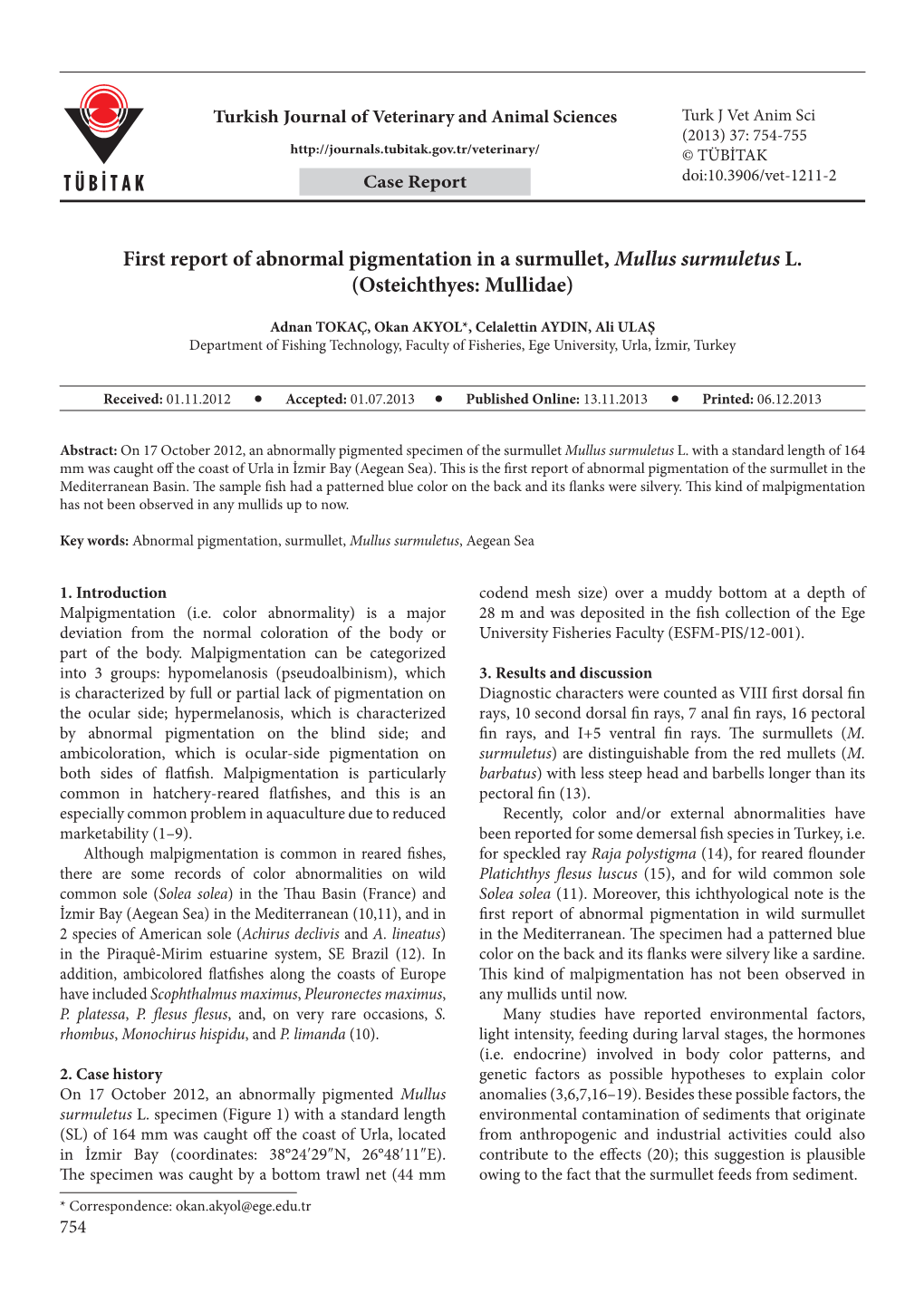 First Report of Abnormal Pigmentation in a Surmullet, Mullus Surmuletus L