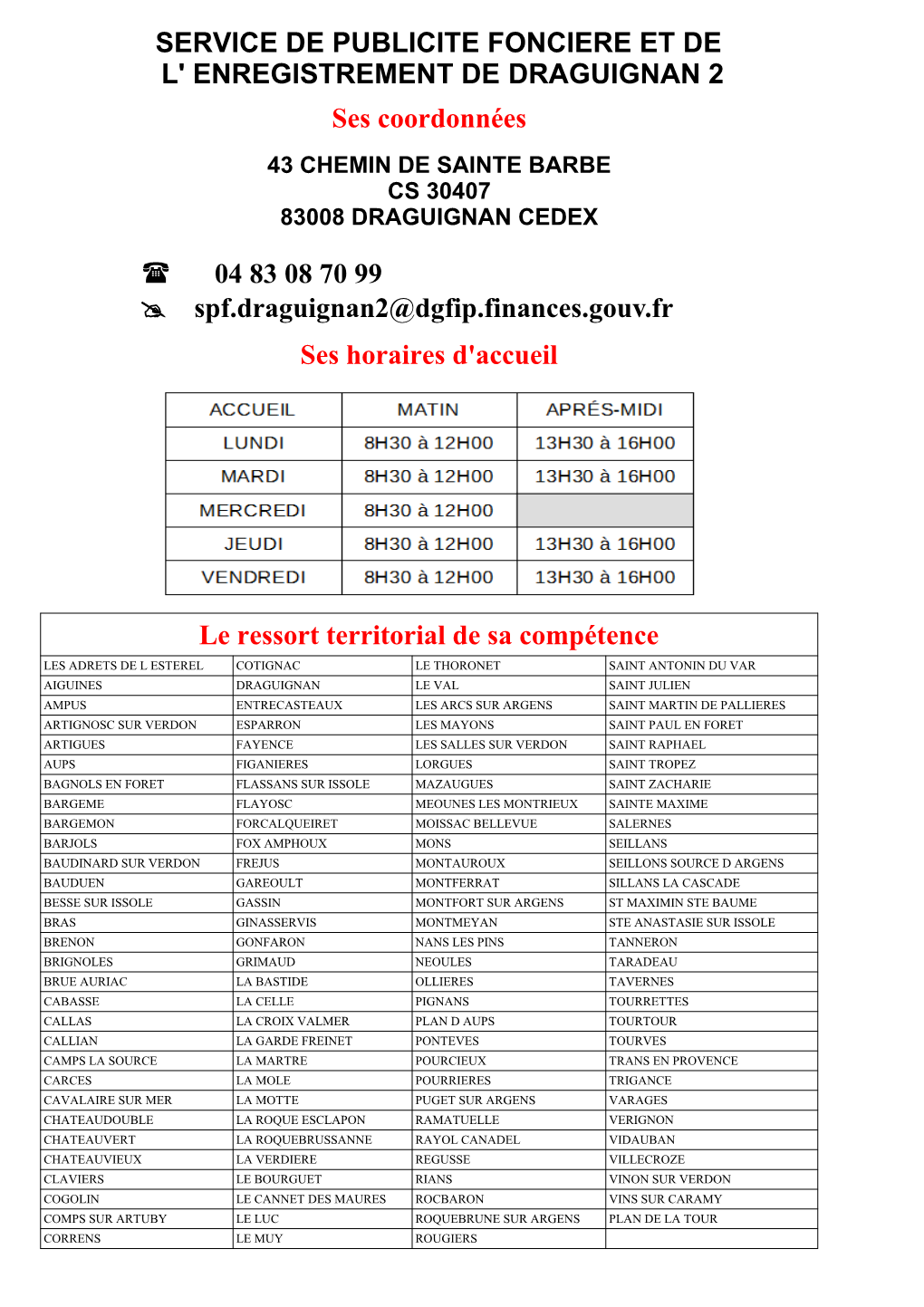 SERVICE DE PUBLICITE FONCIERE ET DE L' ENREGISTREMENT DE DRAGUIGNAN 2 Ses Coordonnées 43 CHEMIN DE SAINTE BARBE CS 30407 83008 DRAGUIGNAN CEDEX