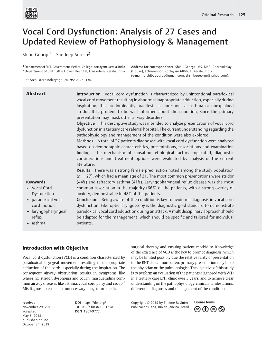 Vocal Cord Dysfunction: Analysis of 27 Cases and Updated Review of Pathophysiology & Management