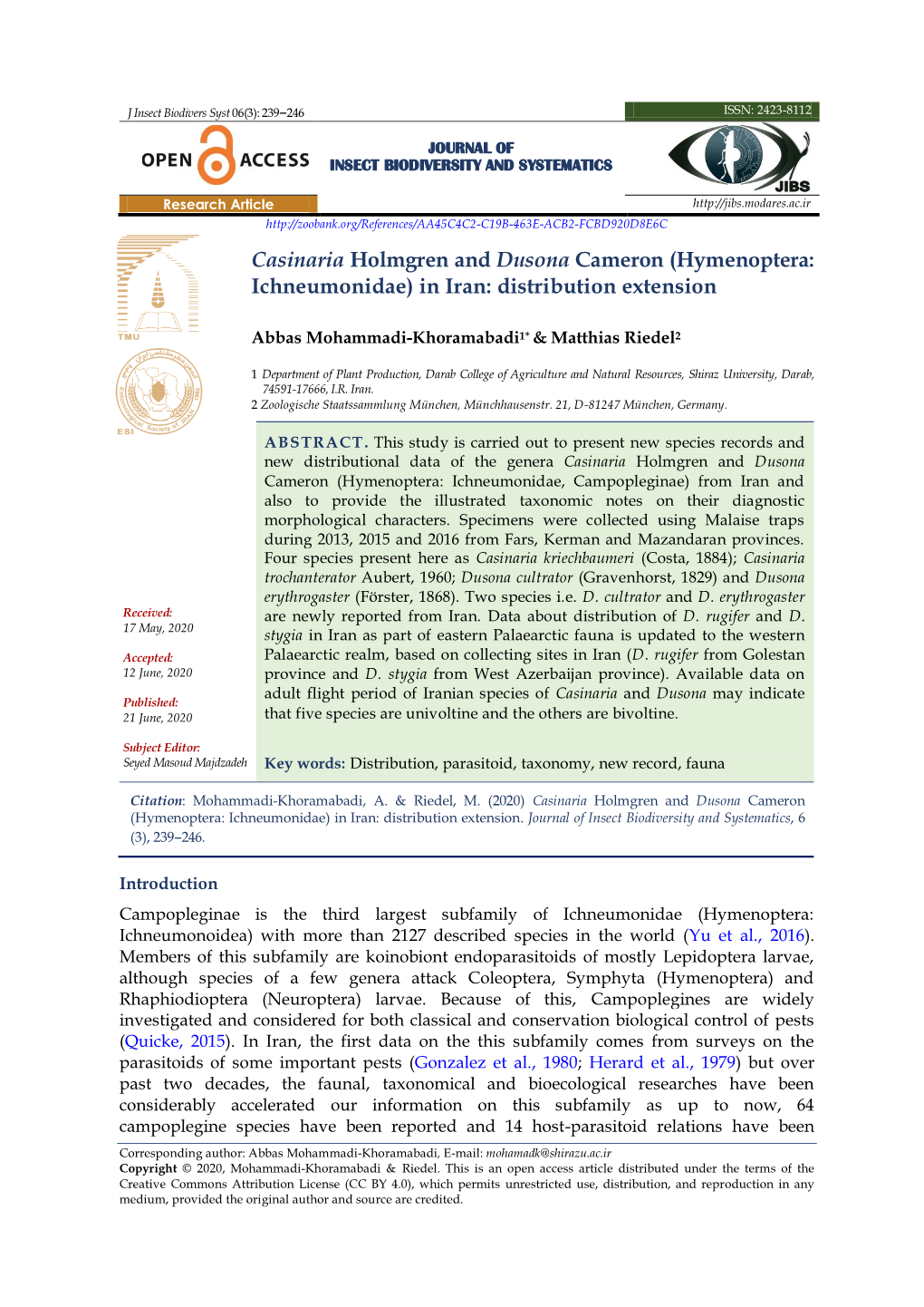 Casinaria Holmgren and Dusona Cameron (Hymenoptera: Ichneumonidae) in Iran: Distribution Extension