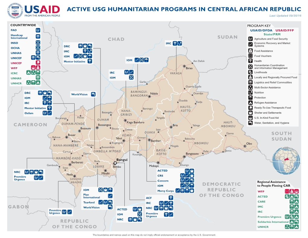 09.30.16 Active USG Humanitarian Programs in Central African Republic