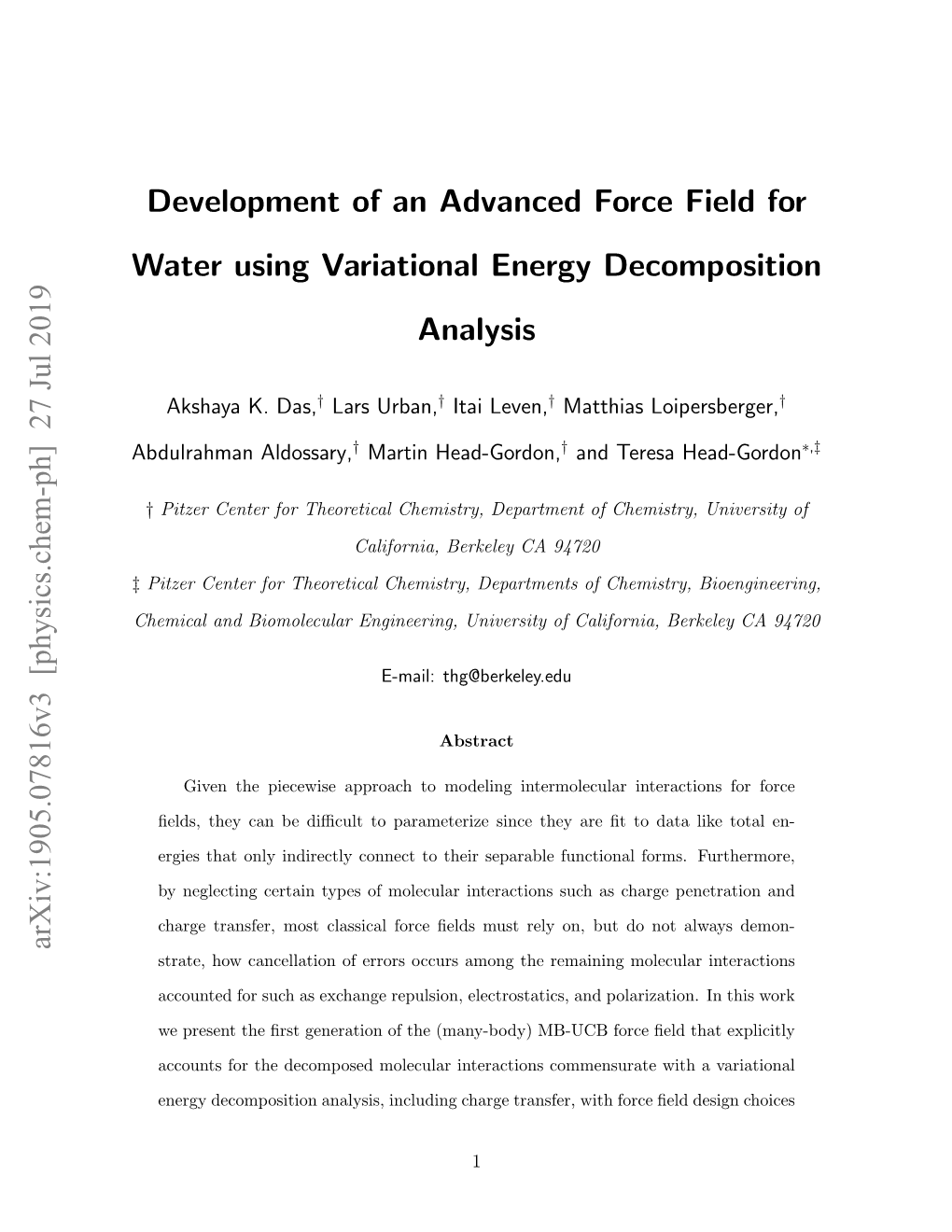 Development of an Advanced Force Field for Water Using Variational Energy Decomposition Analysis Arxiv:1905.07816V3 [Physics.Ch