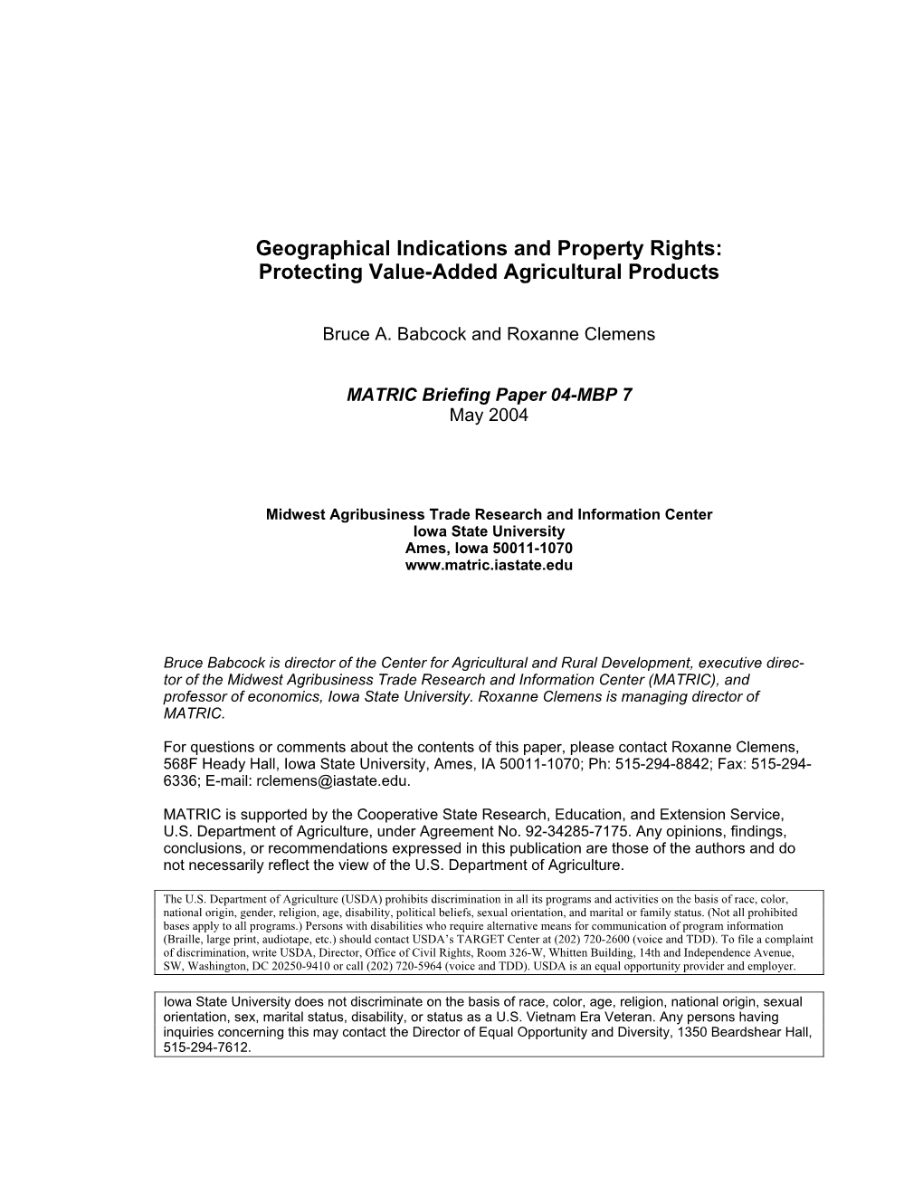 Geographical Indications and Property Rights: Protecting Value-Added Agricultural Products